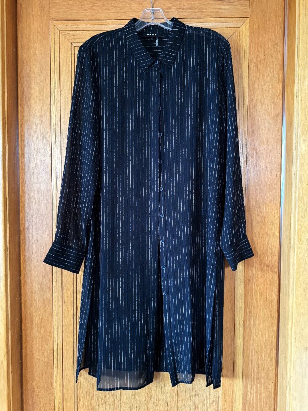 DKNY Black Long Tunic with White Stripes for Women, Size Large